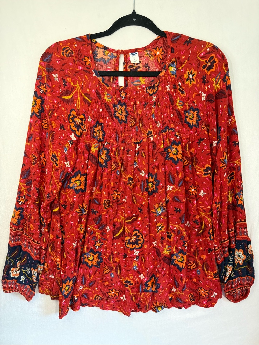Women’s Red Floral Peasant Blouse Cotton Size L